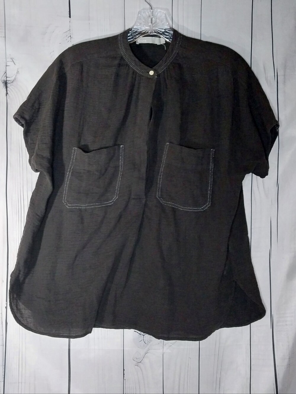 Vince Black Contrast Stitch Short-Sleeve Button-Down Popover Boho Top